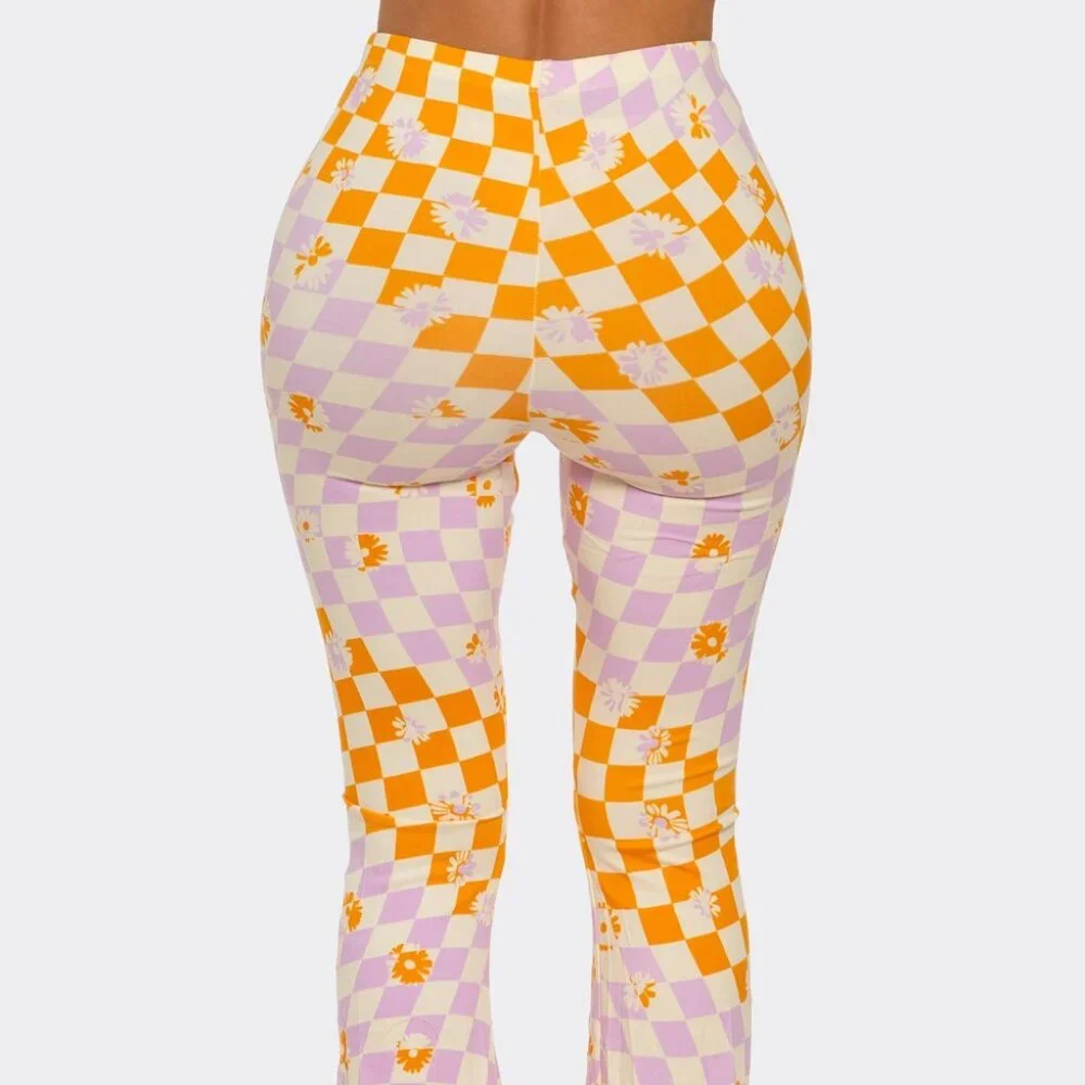 NEW Floral Wavy Checkerboard Flared Long Pants - Picture 2 of 4